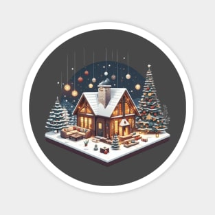 a warm and inviting cabin surrounded by a snowy landscape. there's elements like a crackling fireplace, decorated Christmas tree, and perhaps a family or group of friends enjoying the holiday season inside. Magnet